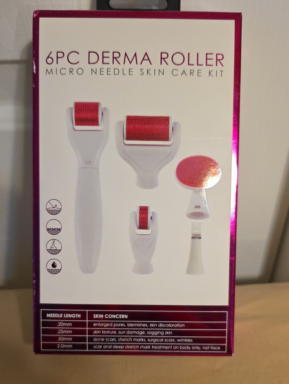 6PC Derma Roller Micro Needle Skin Care Kit - White with Red Rollers